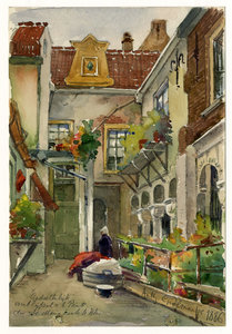 39372 Gezicht op de zuidoosthoek van de kruisgang van de Mariakerk te Utrecht met de later daarop gebouwde huizen, uit ...